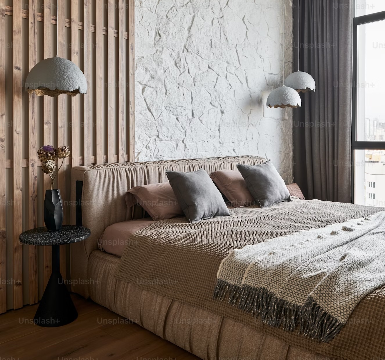 Soft neutral bedroom with custom textiles